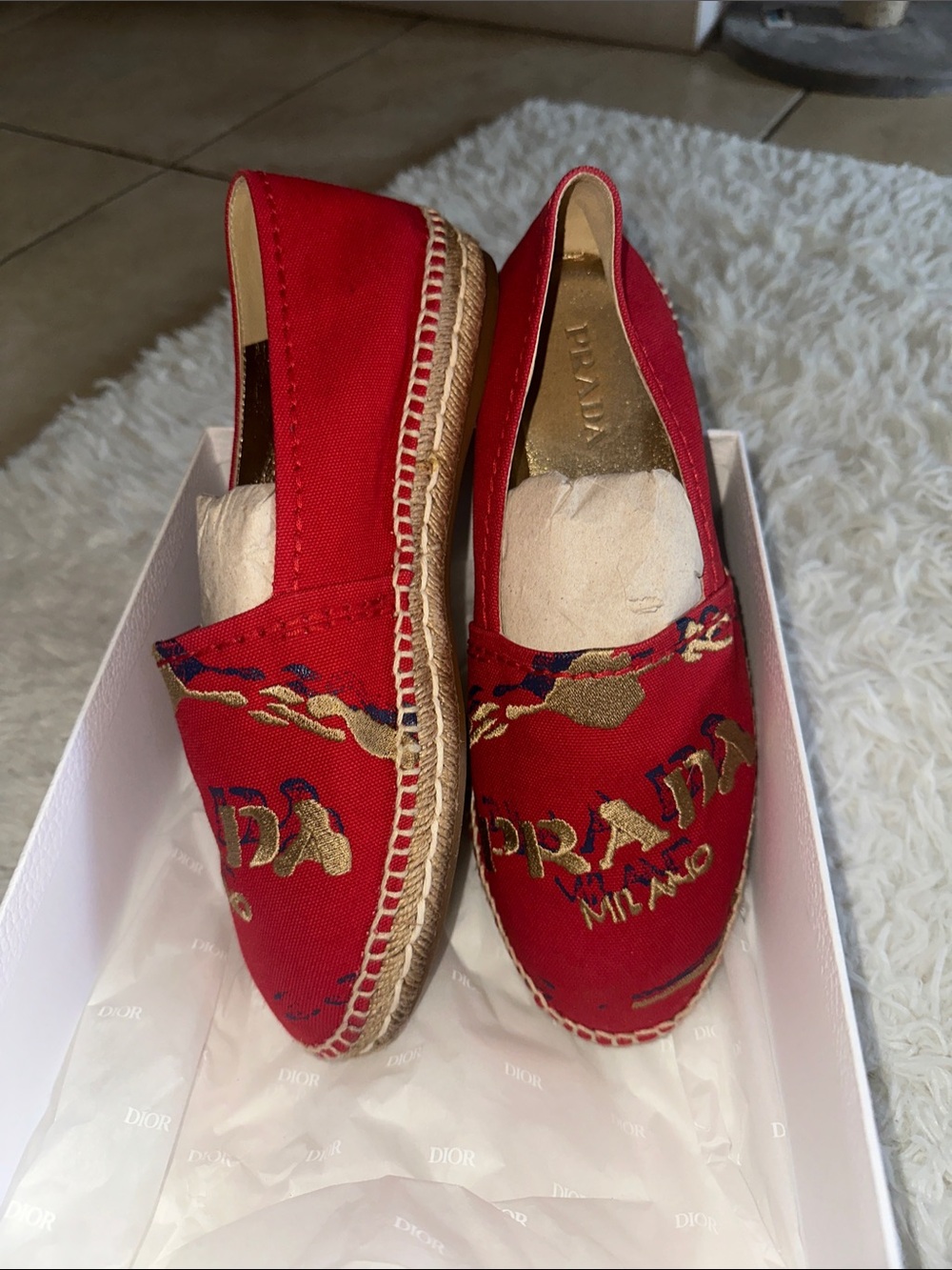 Prada Red Canvas Espadrilles with Gold Embroidered Logo